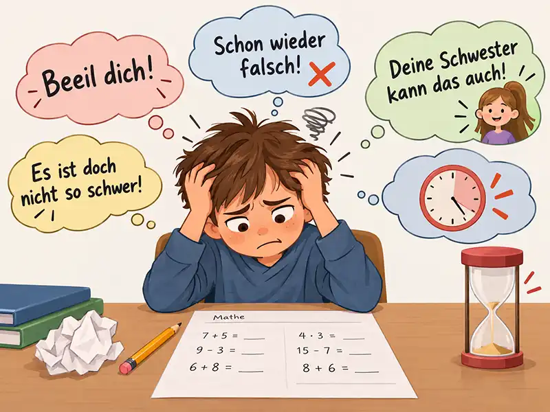 Frustriertes Kind bei den Mathe-Hausaufgaben: Zeitdruck und Vergleiche bremsen das Kopfrechnen