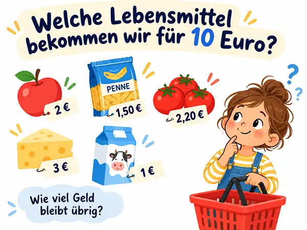 Kopfrechnen spielerisch üben: Mädchen mit Einkaufskorb rechnet aus, was es für 10 Euro kaufen kann