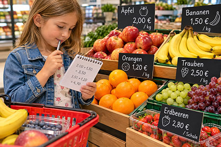 Mädchen übt Kopfrechnen im Supermarkt und addiert die Obstpreise auf einem Notizblock