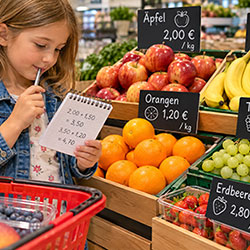 Mädchen übt Kopfrechnen im Supermarkt und addiert die Obstpreise auf einem Notizblock