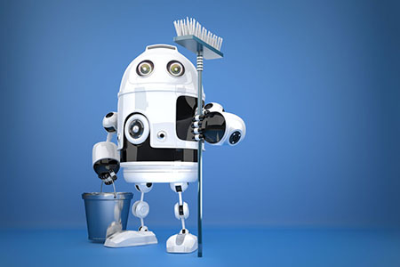 Roboter mit Besen und Eimer auf einem blauen Hintergrund