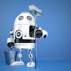 Roboter mit Besen und Eimer vor einem blauen Hintergrund