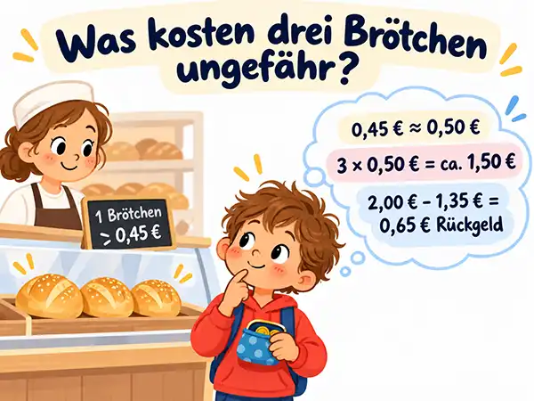 Rechnen im Alltag: Junge überschlägt beim Bäcker den Preis für drei Brötchen und das Rückgeld